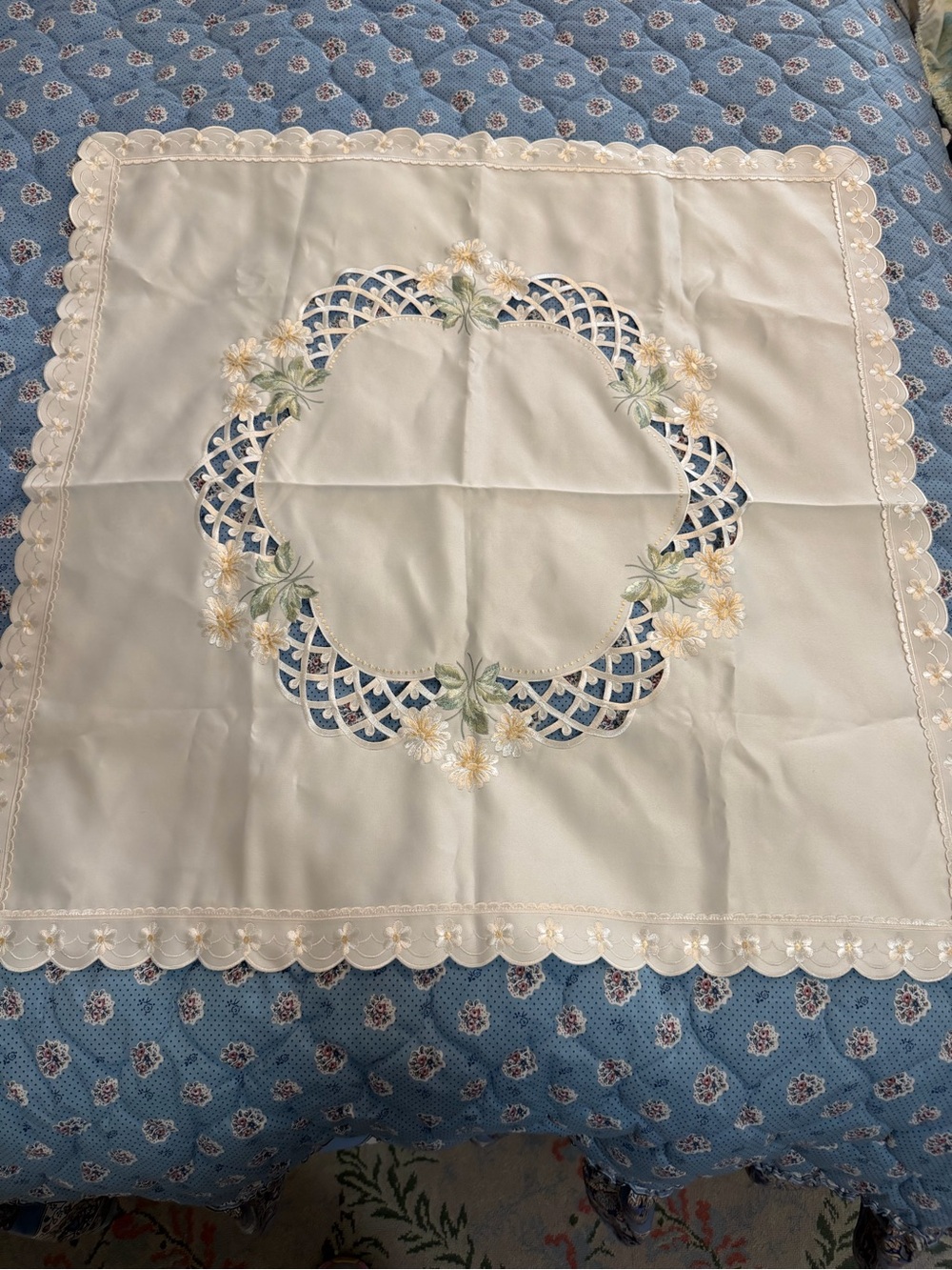 Tablecloth For Card Table Size Embroidered Cream Floral Cutwork 33 x33